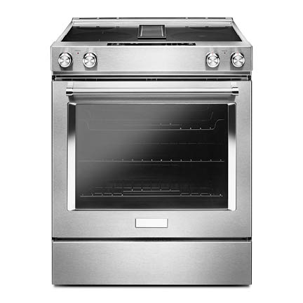 Slide-in Electric Range with Downdraft Isolated on White  Front View of Stainless Steel Range Cooker with 4 Cooking Elements  Kitchen Stove with Four Burner Cooktop  Domestic and Household Appliances