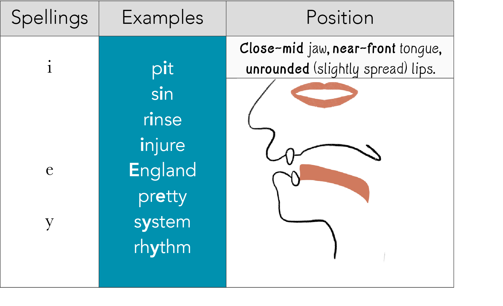 Spellings,Examples,Position, i   e y , pit sin rinse injure England pretty system rhythm,Close-mid jaw, near-front to   
