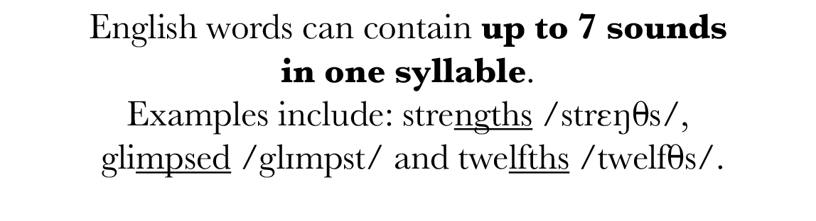 English words can contain up to 7 sounds in one syllable  Examples include: strengths  strɛŋ s , glimpsed  glɪmpst  a   