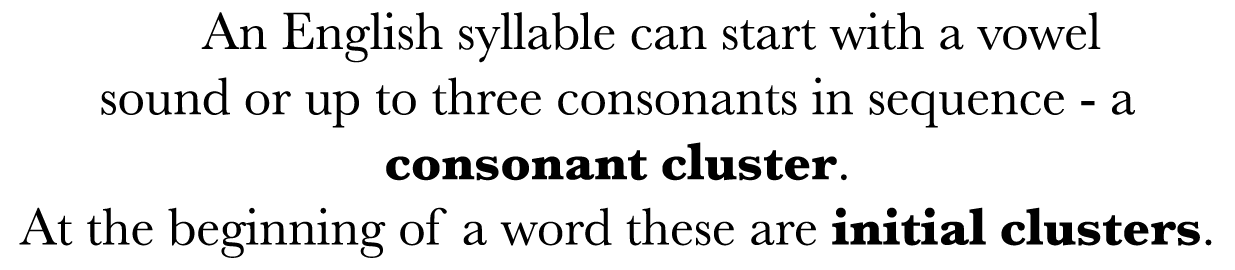    An English syllable can start with a vowel sound or up to three consonants in sequence - a consonant cluster  At t   