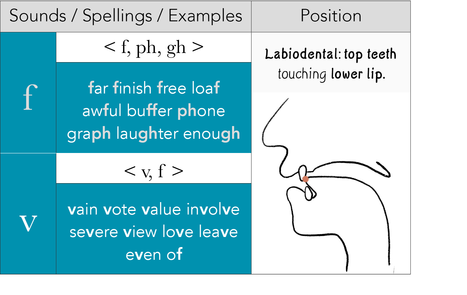 Sounds   Spellings   Examples,Position, f,  f, ph, gh  ,Labiodental: top teeth touching lower lip  ,far finish free l   