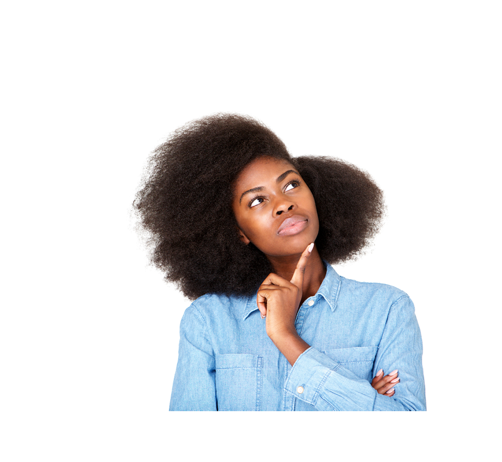 Close up horizontal portrait of thinking young black woman with afro looking up at copy space